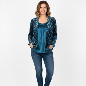 Chico’s 2-Piece Set: Geometric Burnout Velvet Topper & Silk-Look Satin Tank